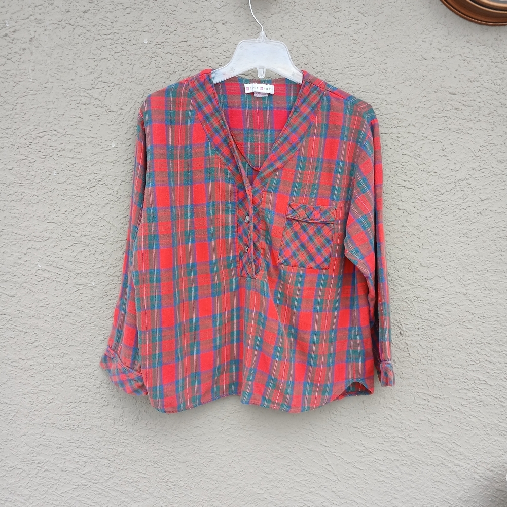 After Eight Flannel Shirt Top Women's Size M Red Plaid Grunge